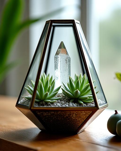 A geometric glass terrarium containing succulents and clear quartz points