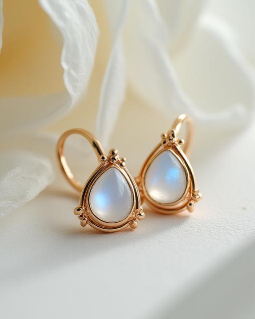 A pair of handcrafted gold earrings with teardrop moonstones