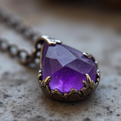 A close-up of a handcrafted necklace featuring a raw amethyst point