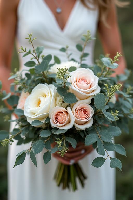 A wild, romantic bridal bouquet with roses and eucalyptus