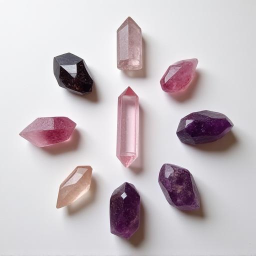 A flatlay of a crystal grid for meditation and intention setting