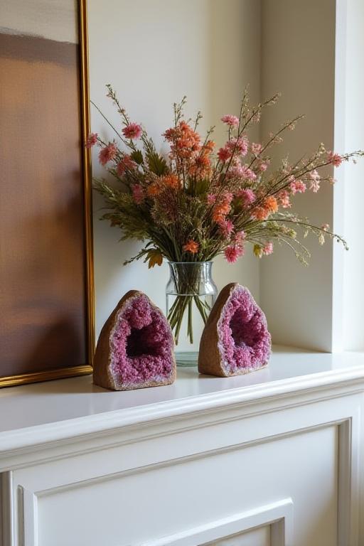 A beautifully styled shelf featuring a Mineral Bloom preserved floral arrangement and geode bookends