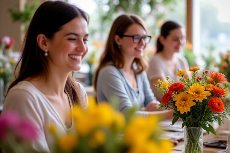 Participants smiling during a flower arranging workshop at Mineral Bloom