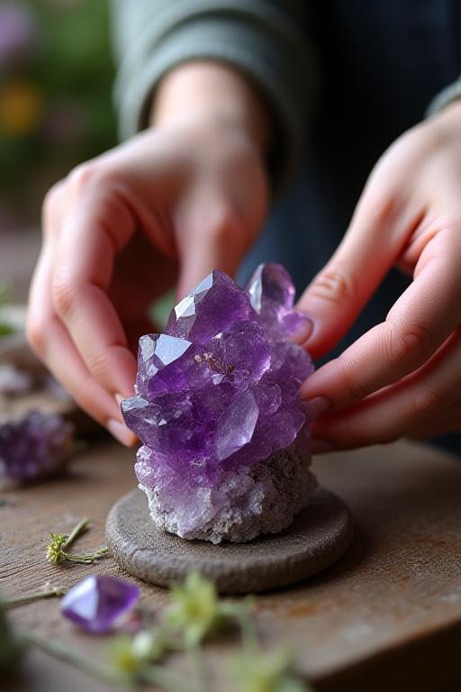 Close-up of an artisan's hands carefully placing a flower next to an amethyst crystal in an arrangement